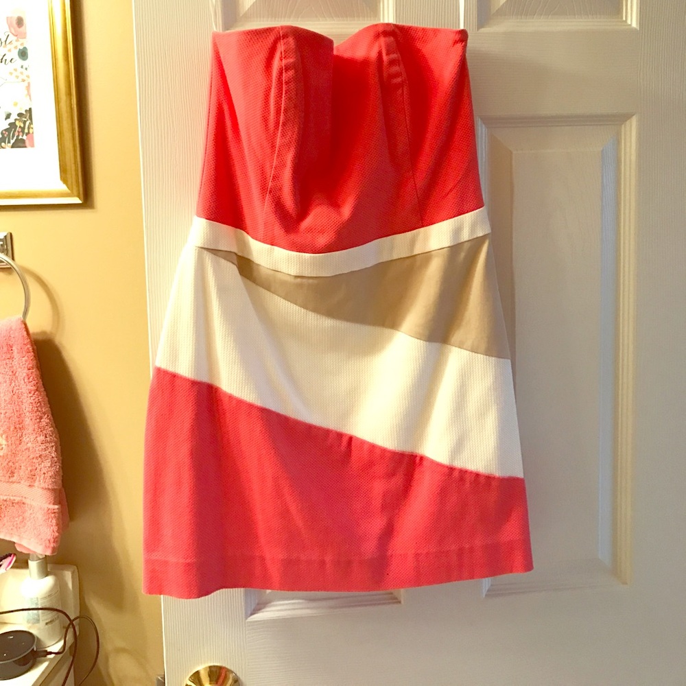 Britt Ryan strapless dress summer, melon/white/tan